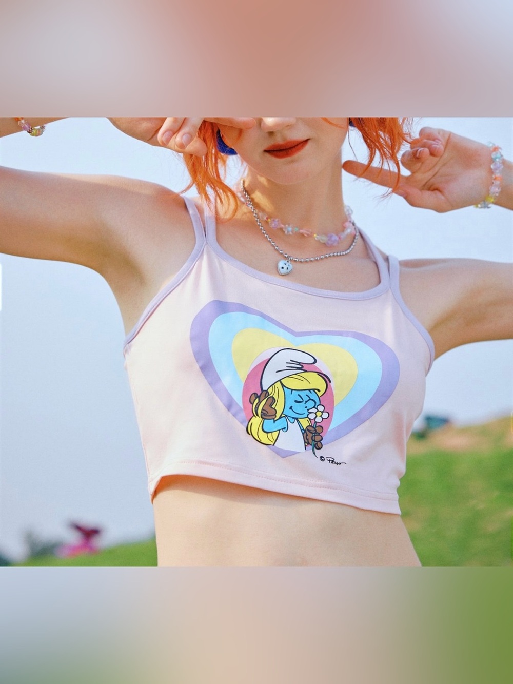 ROMWE Pastel Pink Cartoon‎ Heart Crop Tank Size Small